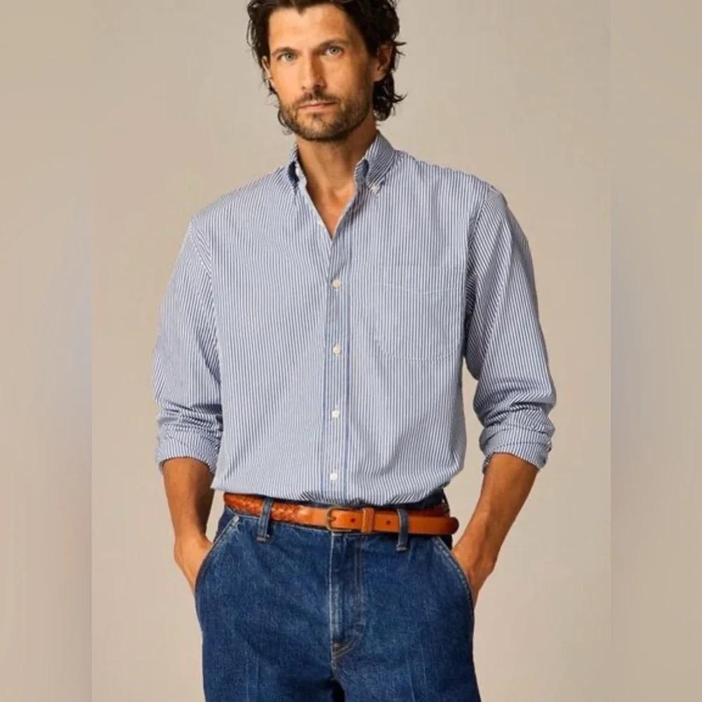 J. Crew Men’s Secret Wash Cotton Classic Fit Poplin Shirt in Stripe Size Large